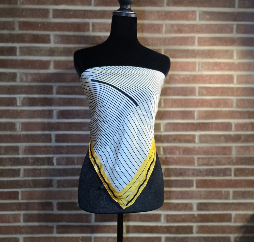 Vintage Mod Geometric Striped Square Scarf • Black White Yellow Silk Feel